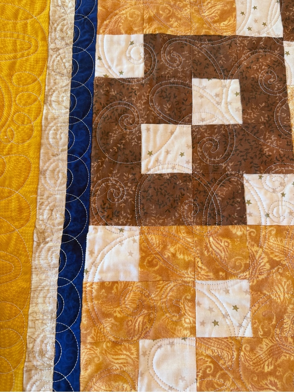 Vintage Patchwork Quilt in Mustard, Brown & Teal Accents - Picture 3 of 7